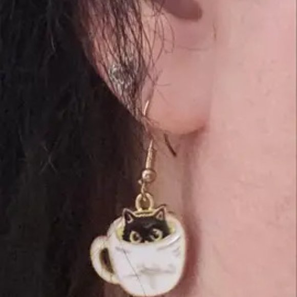 Cats and Coffee Dangle Earrings in Coffee Tea Cup White Black 1.57"  Drop New - Picture 7 of 14